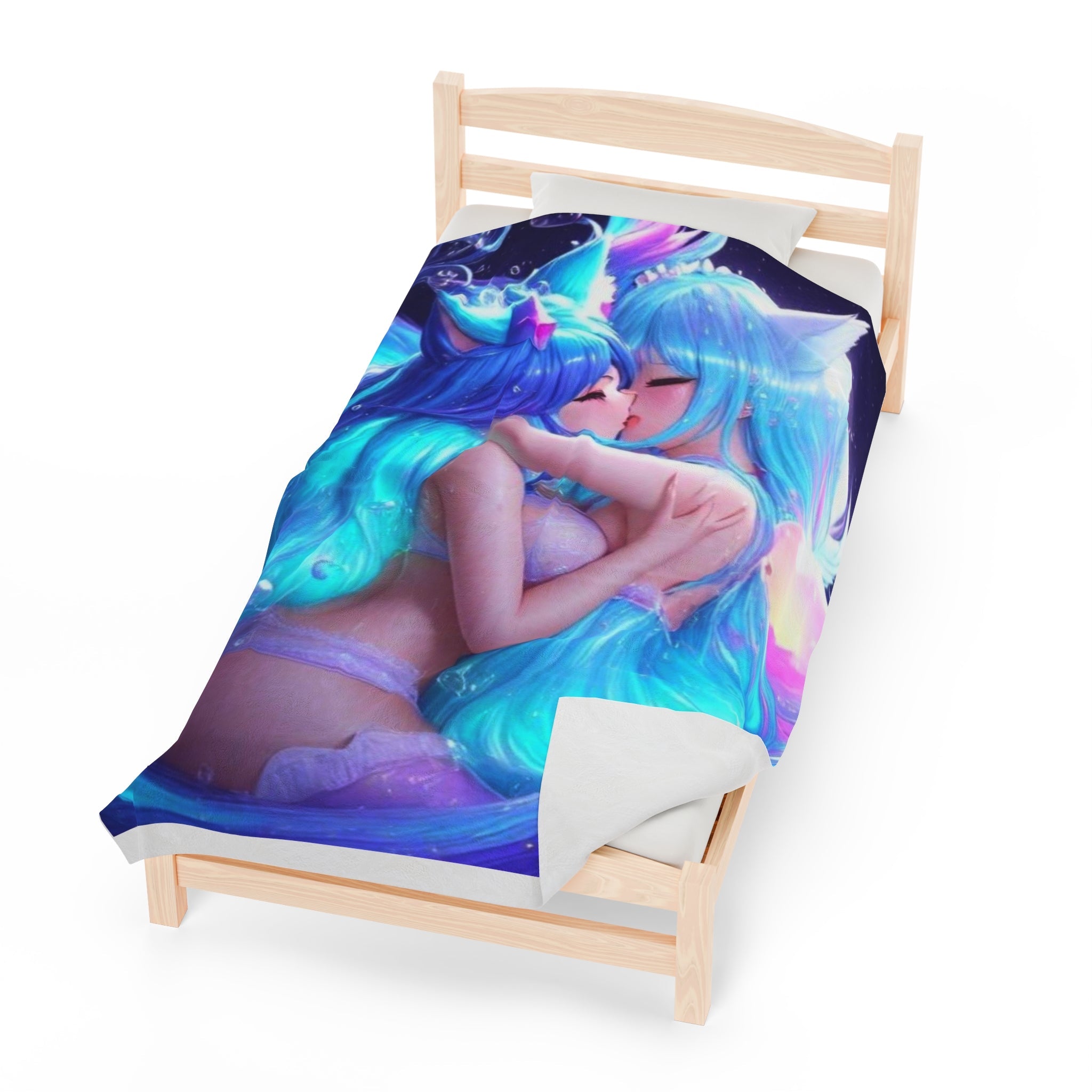 Cheeky Prints - Cute Anime Two Girls Furries Kissing in the Water and Underwear Blanket - Perfect for the Bedroom - Cheeky-Prints