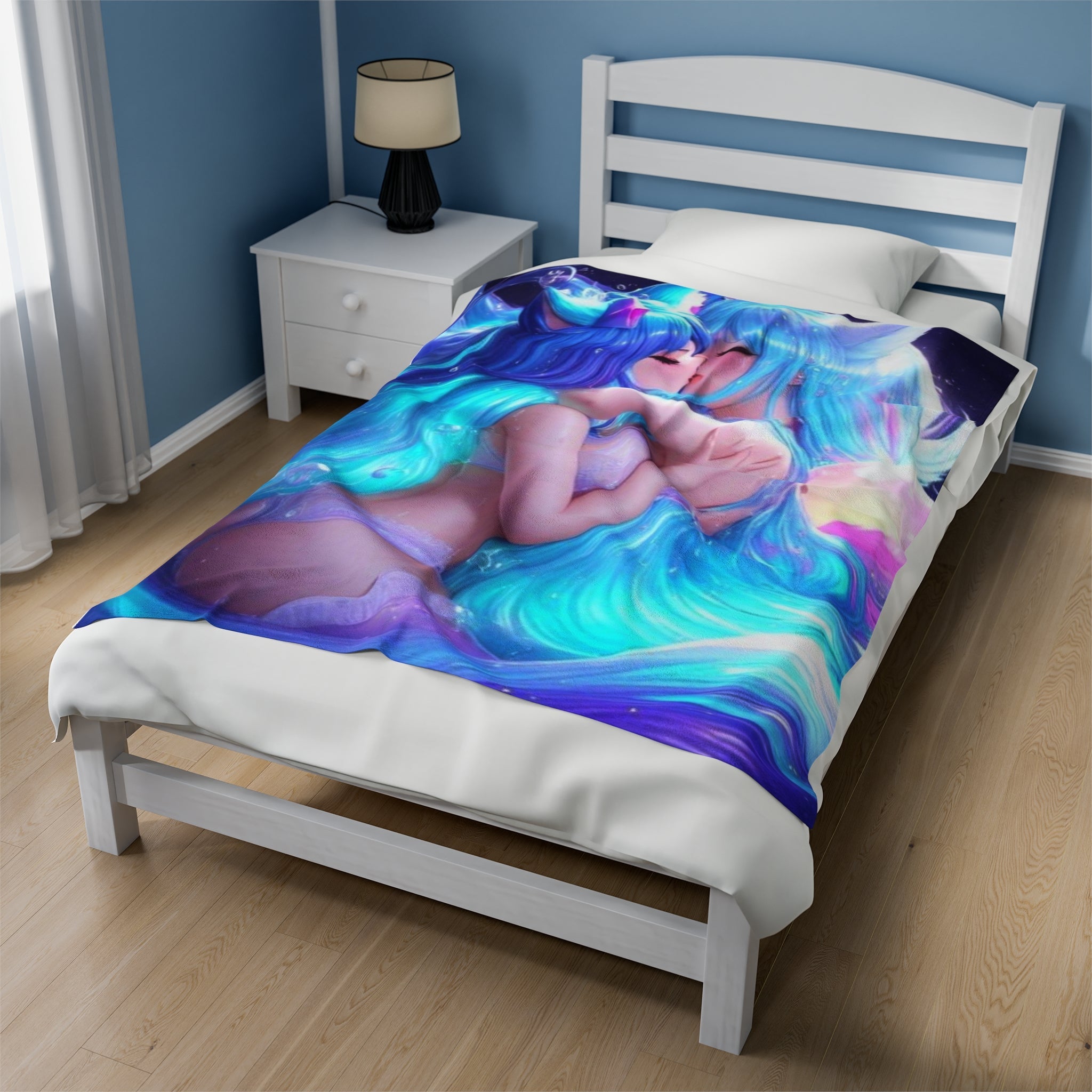 Cheeky Prints - Cute Anime Two Girls Furries Kissing in the Water and Underwear Blanket - Perfect for the Bedroom - Cheeky-Prints