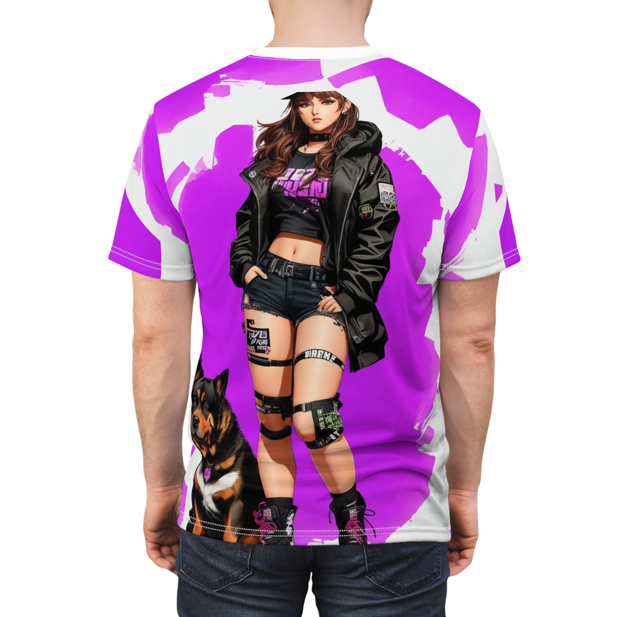 girl an a dog chillin Unisex Cut & Sew Tee (AOP) - Cheeky-Prints