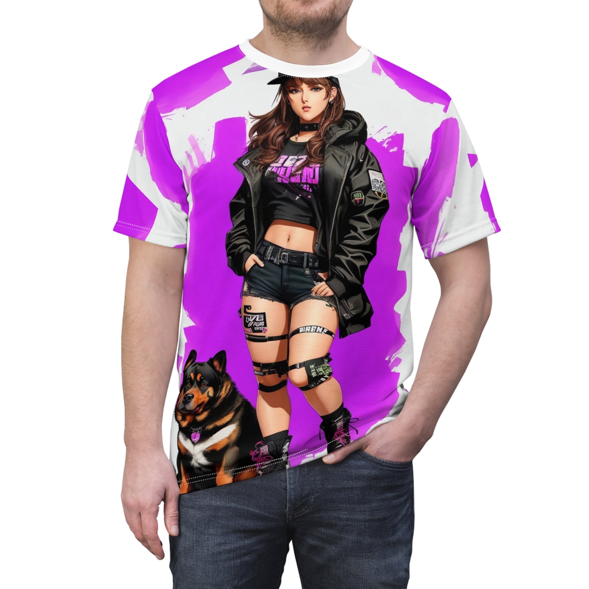 girl an a dog chillin Unisex Cut & Sew Tee (AOP) - Cheeky-Prints